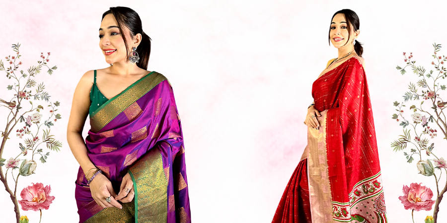 Elegant saree display with vibrant colors and floral accents