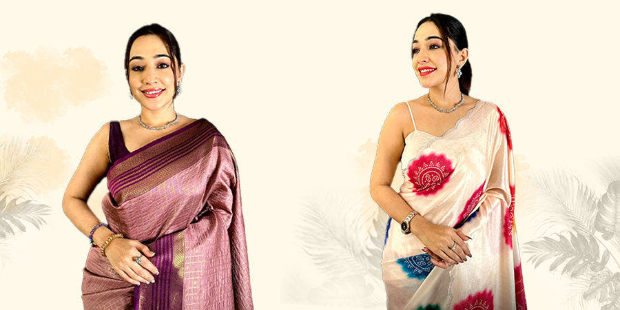 Elegant woman in traditional and modern sarees, showcasing classic and contemporary styles.