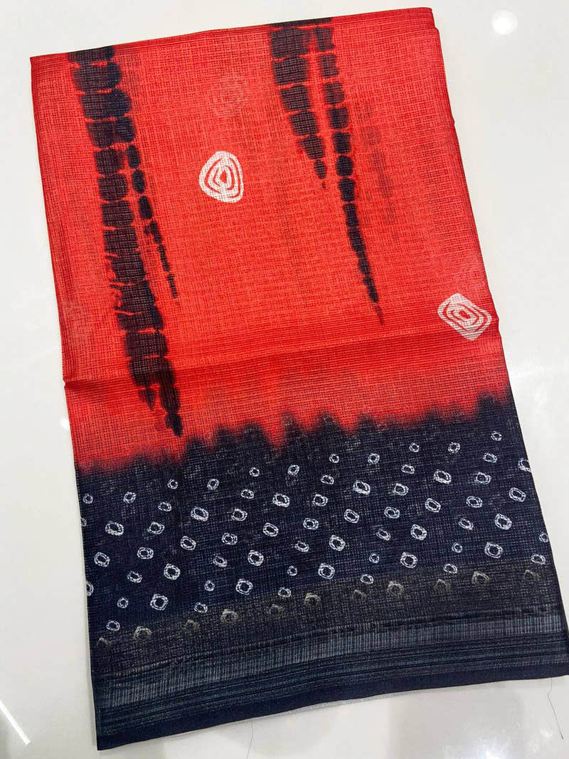 Red Kota Doriya Bandhej Print Saree with Black Tie-Dye Motifs