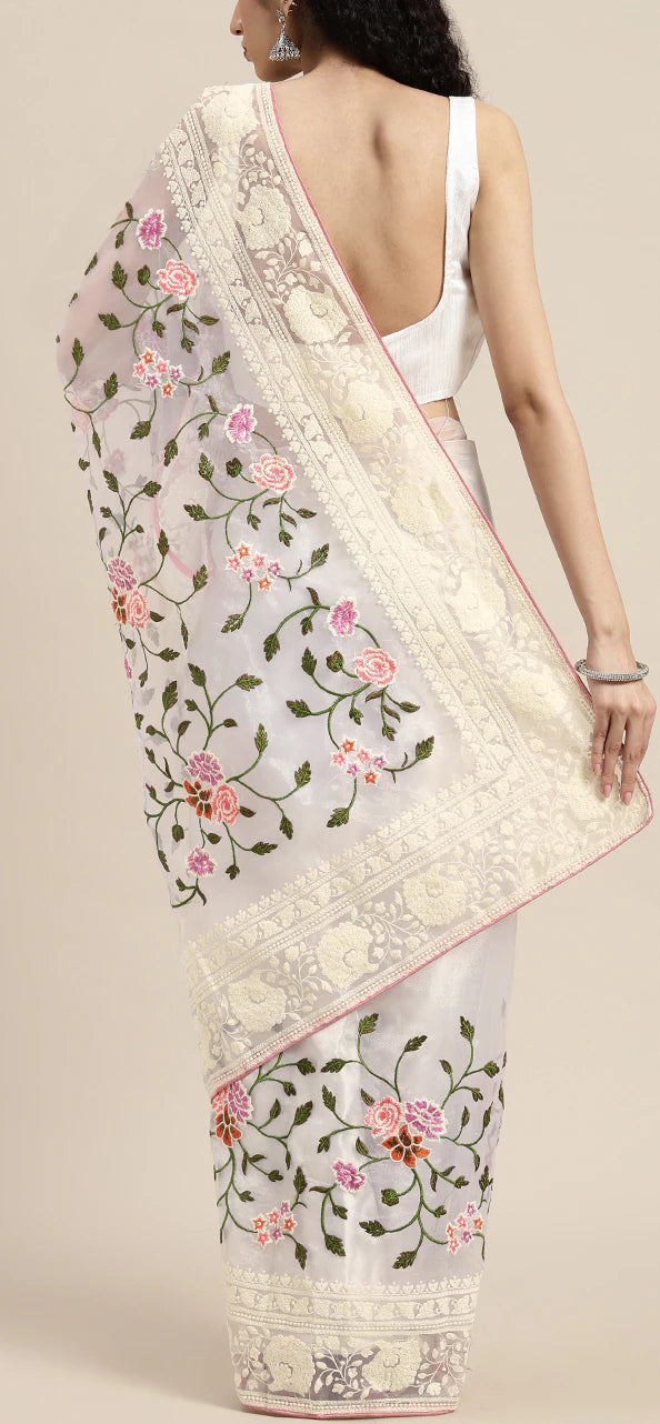  Chikankari White Colour Floral Embroidered Saree