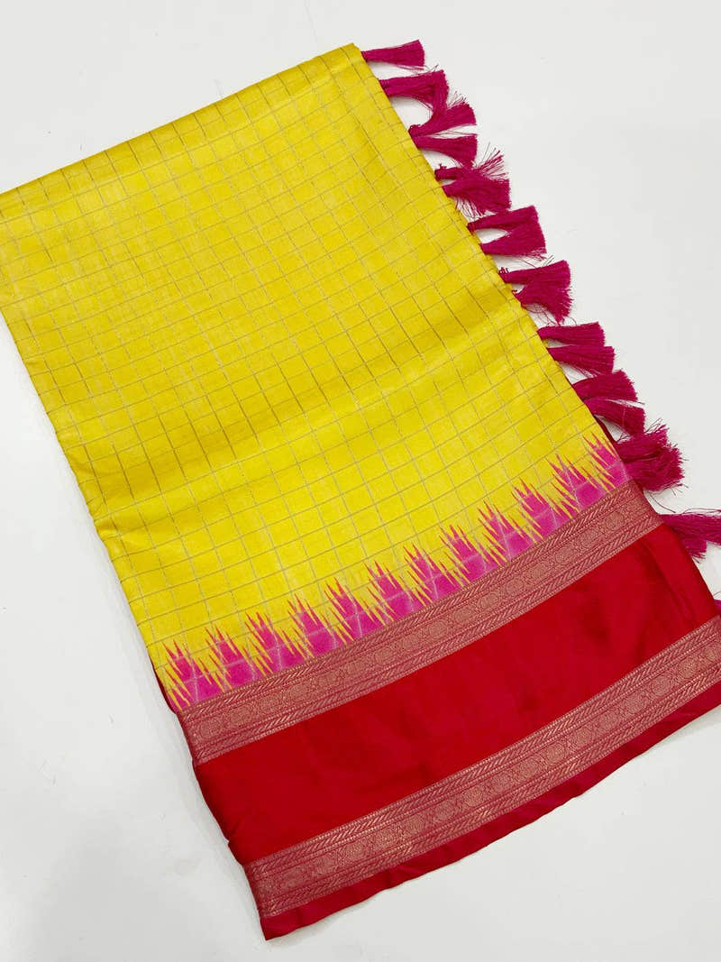 Elegant Soft Silk Satin Chex Saree
