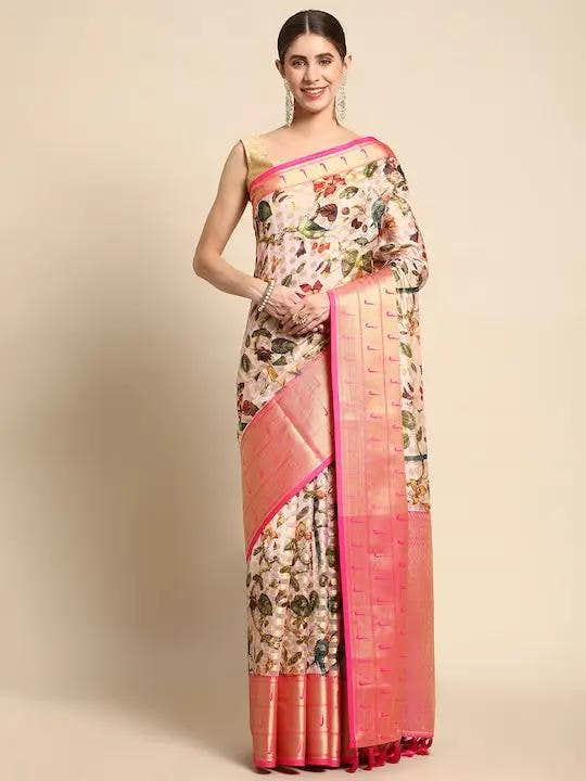 Organza Pink Colour Floral Print Saree