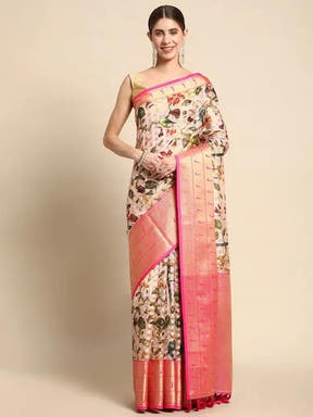 Pink Colour Pure Organza Banarasi Zari Print Saree 