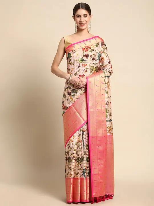 Pink Colour Pure Organza Banarasi Zari Print Saree 