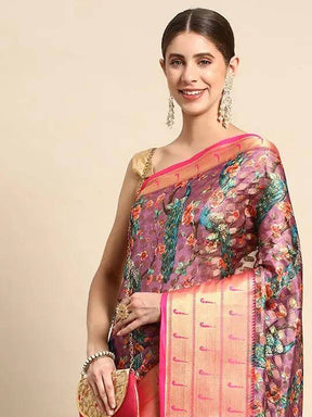 Wine Colour Pure Organza Banarasi Zari Print Saree Vastranand 