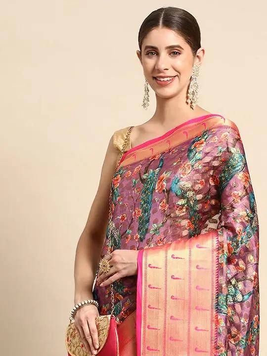 Wine Colour Pure Organza Banarasi Zari Print Saree Vastranand 
