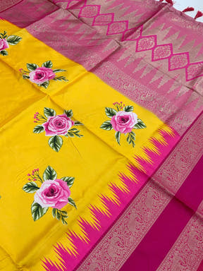 Yellow Floral Gold Zari Weaving Check Saree