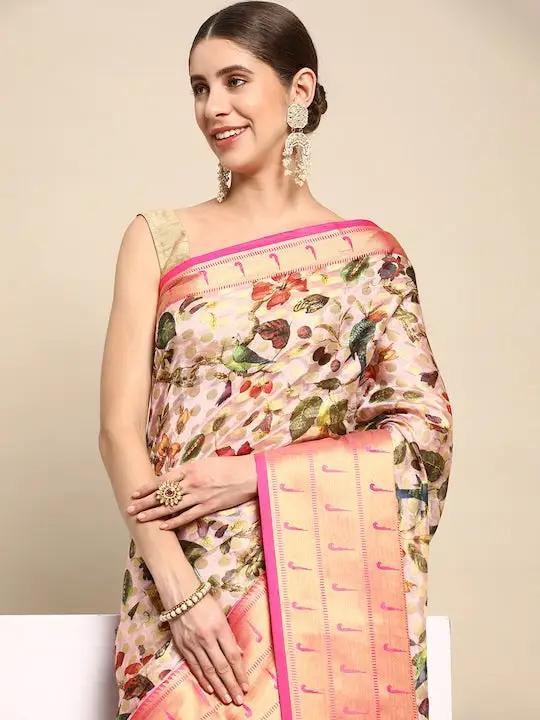 Pink Colour Pure Organza Banarasi Zari Print Saree 