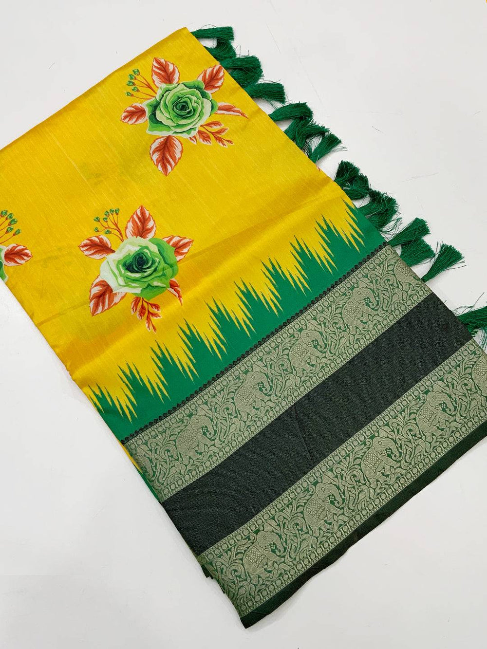 Mustard Floral Gold Zari Weaving Check Saree