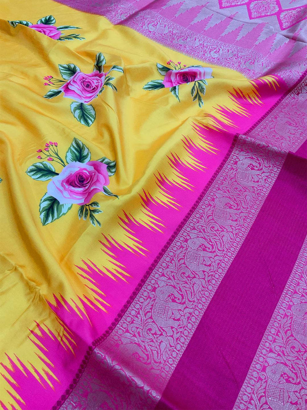 Yellow Floral Gold Zari Weaving Check Saree