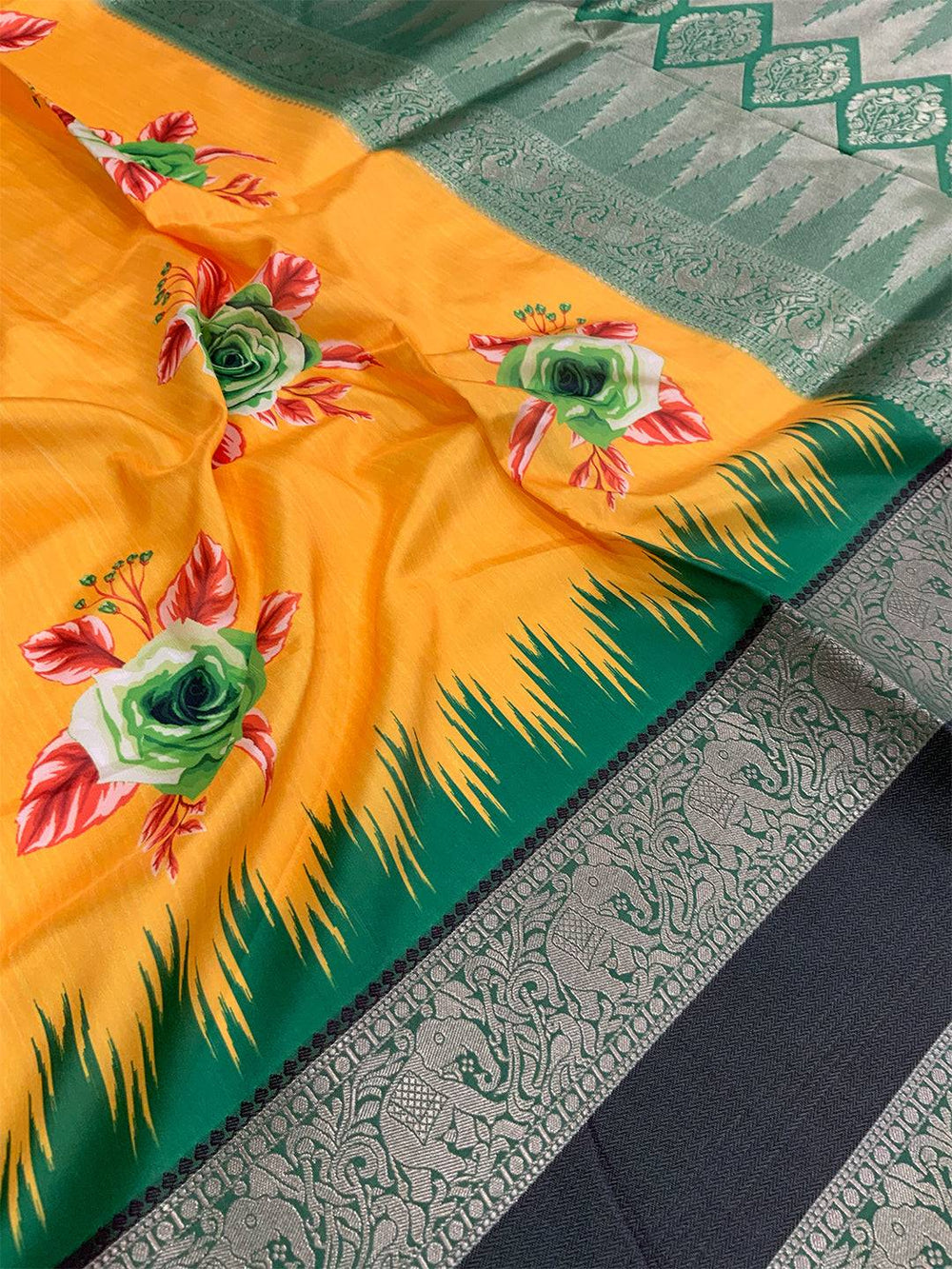 Mustard Floral Gold Zari Weaving Check Saree