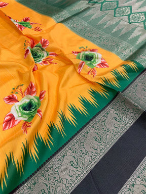 Mustard Floral Gold Zari Weaving Check Saree
