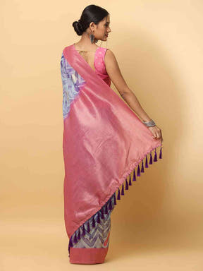 Slub Silk Digital Print Sarees With  Ethnic Motif Border