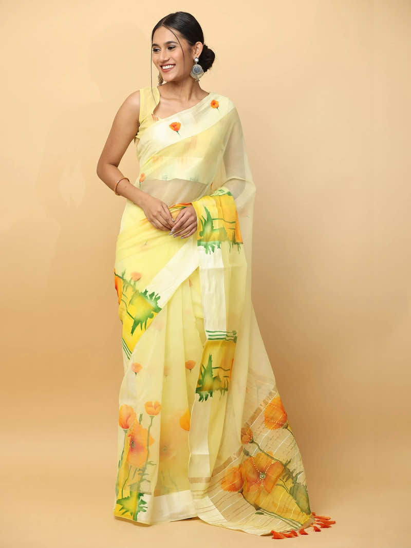Soft Organza Hand Print Party Wear Saree