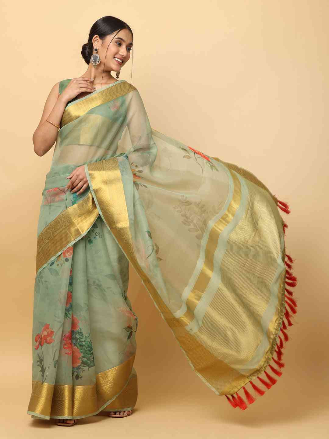 Orgenza Party Wear Saree With Gold Zari Border