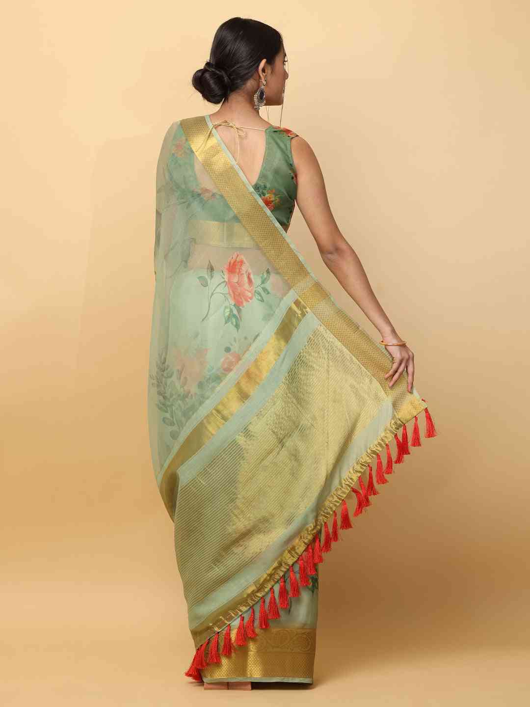 Orgenza Party Wear Saree With Gold Zari Border