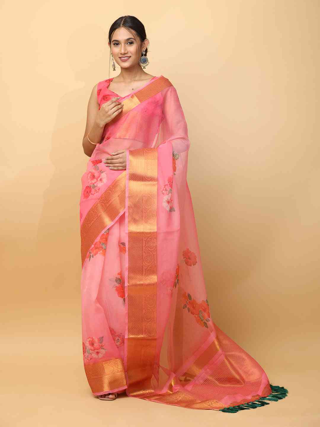 Orgenza Party Wear Saree With Gold Zari Border