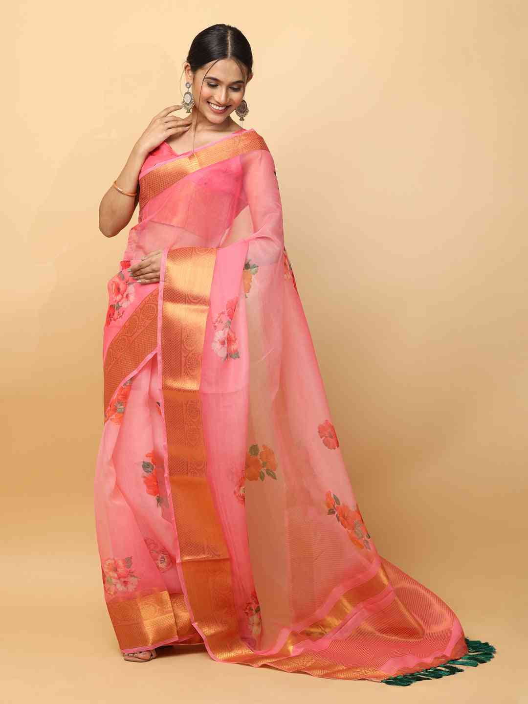 Orgenza Party Wear Saree With Gold Zari Border