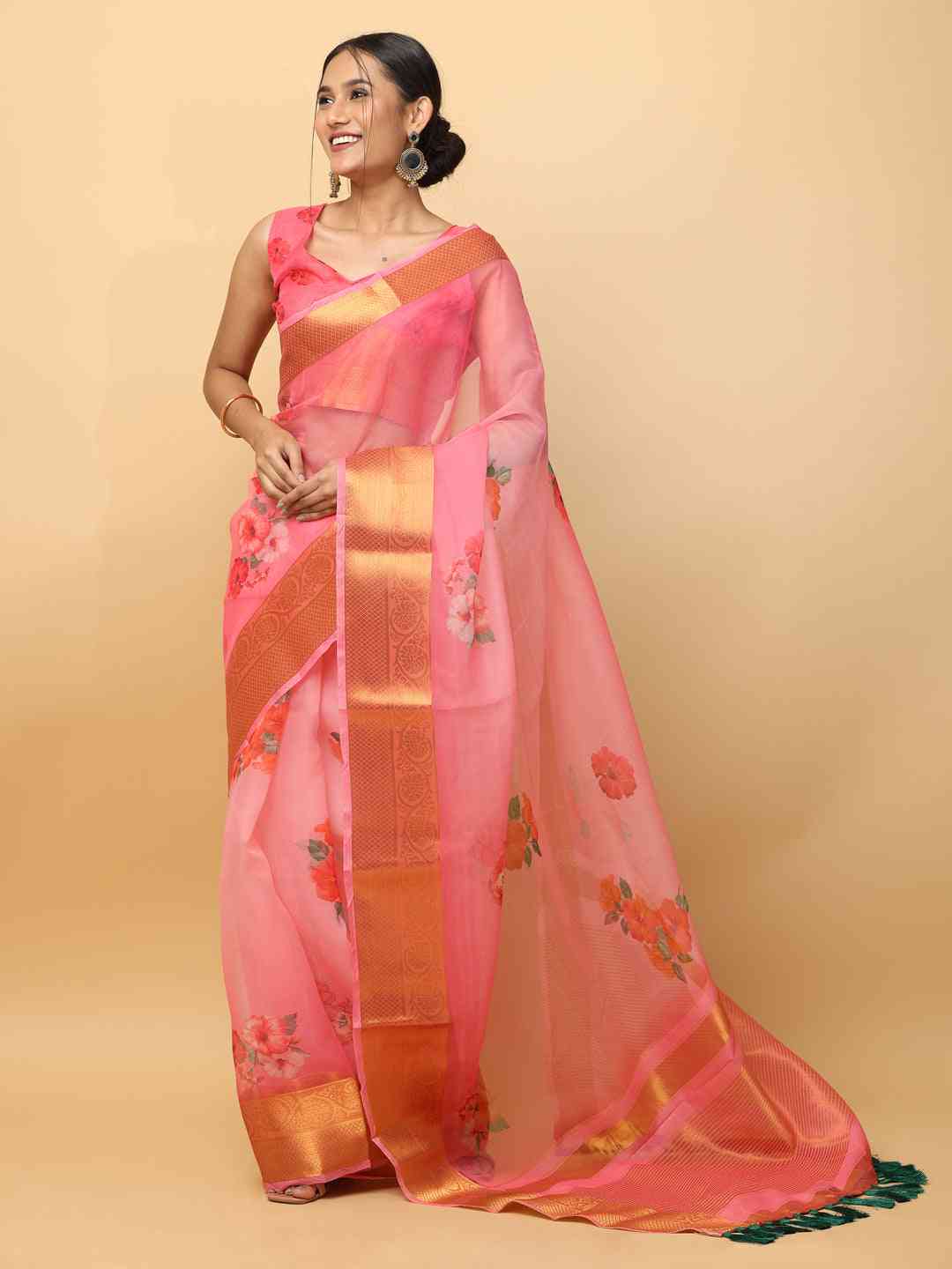 Orgenza Party Wear Saree With Gold Zari Border
