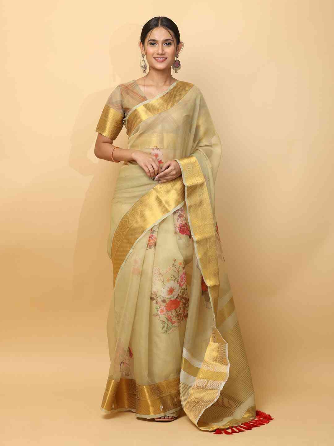 Orgenza Party Wear Saree With Gold Zari Border