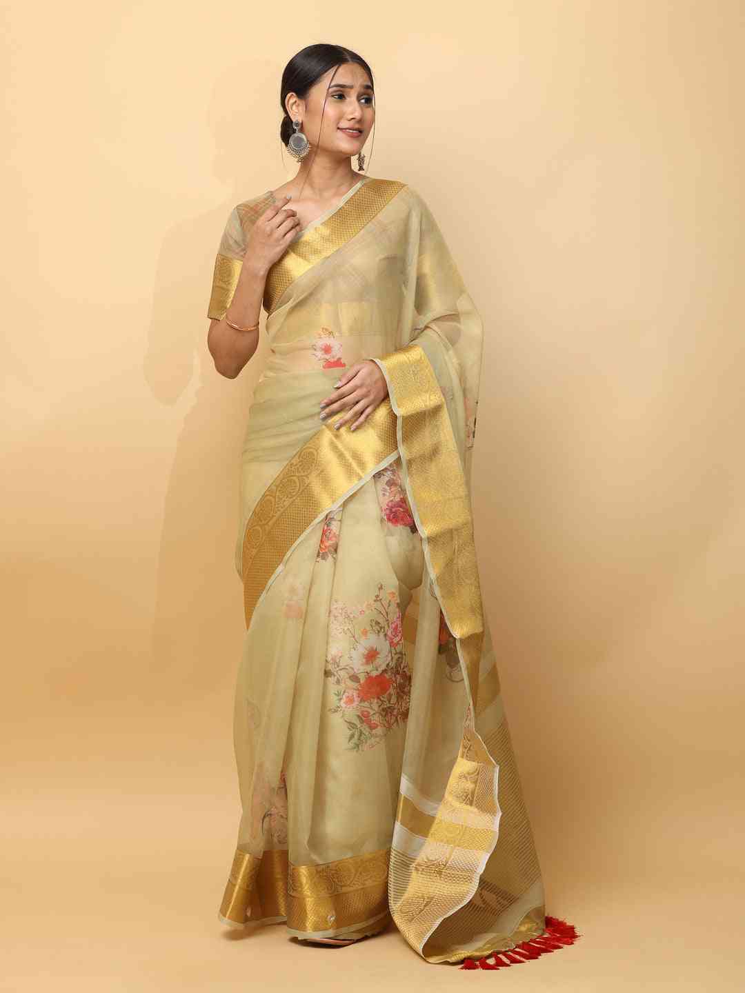Orgenza Party Wear Saree With Gold Zari Border