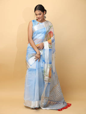 Soft Orgenza Hand Print Party Wear Saree