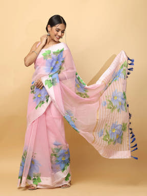 Soft Orgenza Hand Print Party Wear Saree