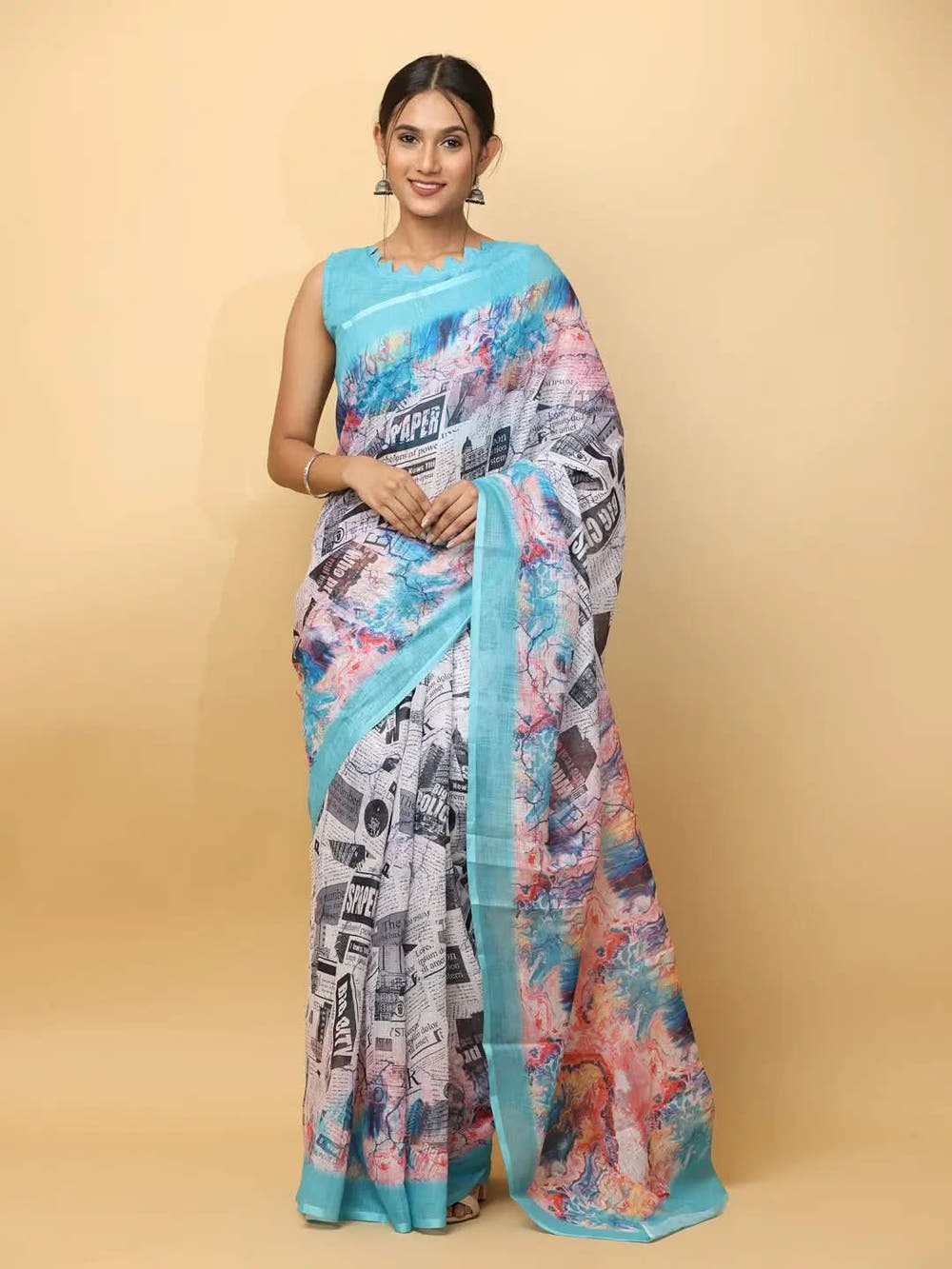 Latest Soft Linen News Paper Digital Print Saree 