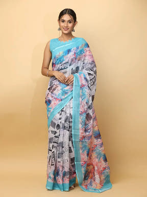 Latest Soft Linen News Paper Digital Print Saree 