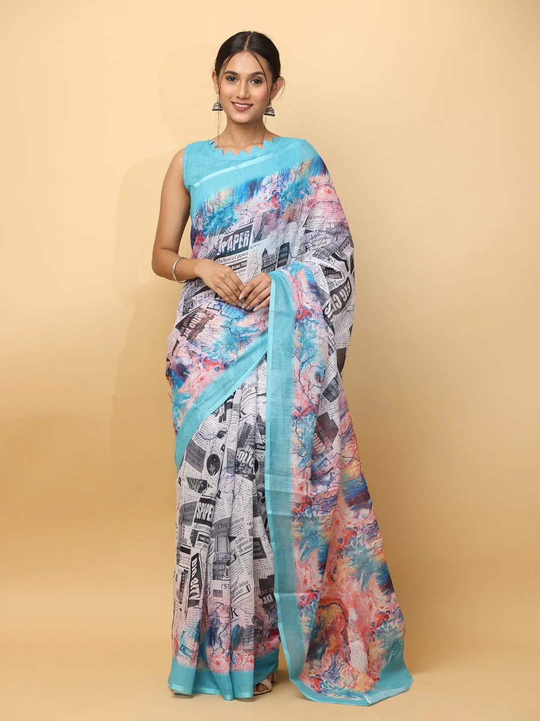Latest Soft Linen News Paper Digital Print Saree 