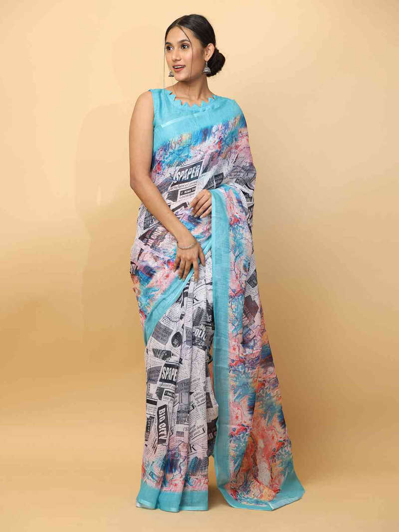 News Paper Trendy Print Soft Linen Party Wear Saree