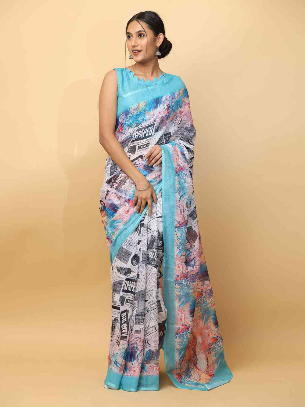 Latest Soft Linen News Paper Digital Print Saree 