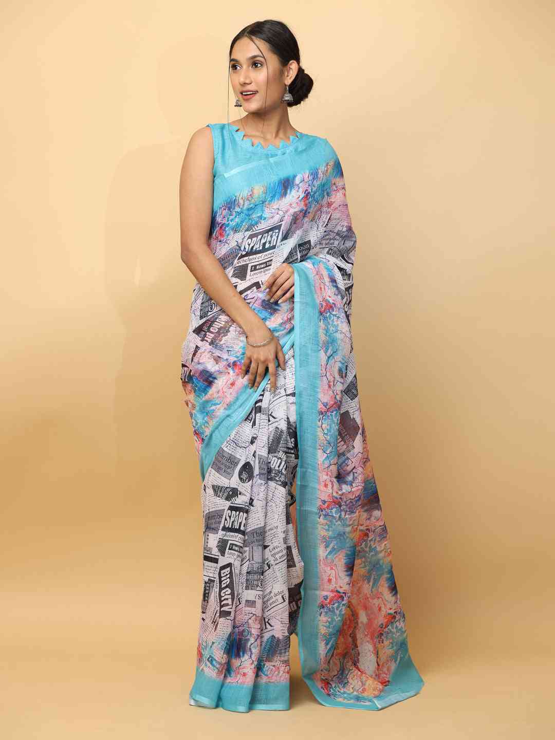 Latest Soft Linen News Paper Digital Print Saree 