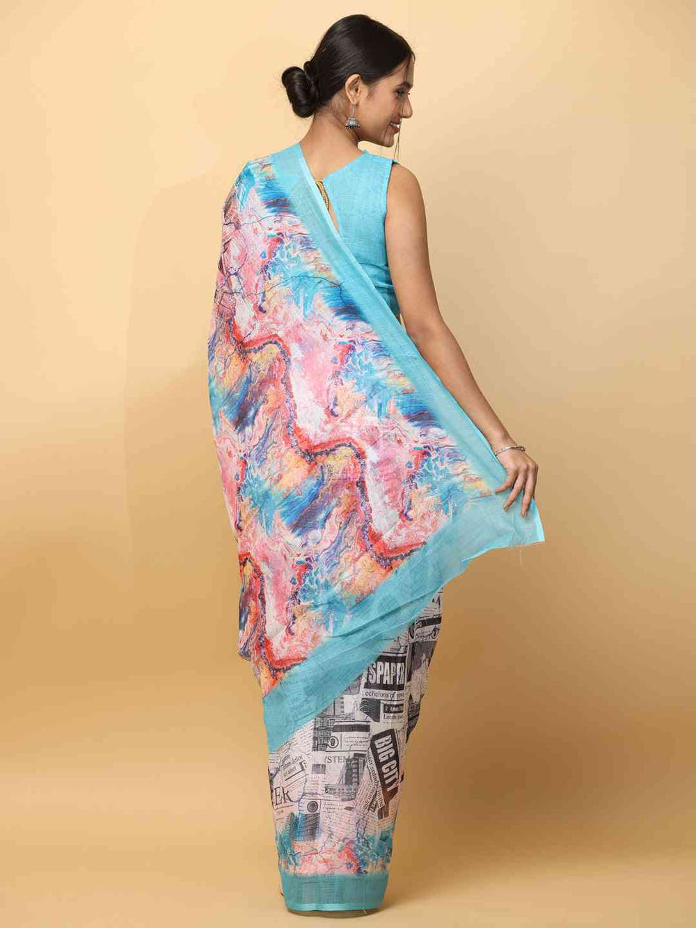 Latest Soft Linen News Paper Digital Print Saree 