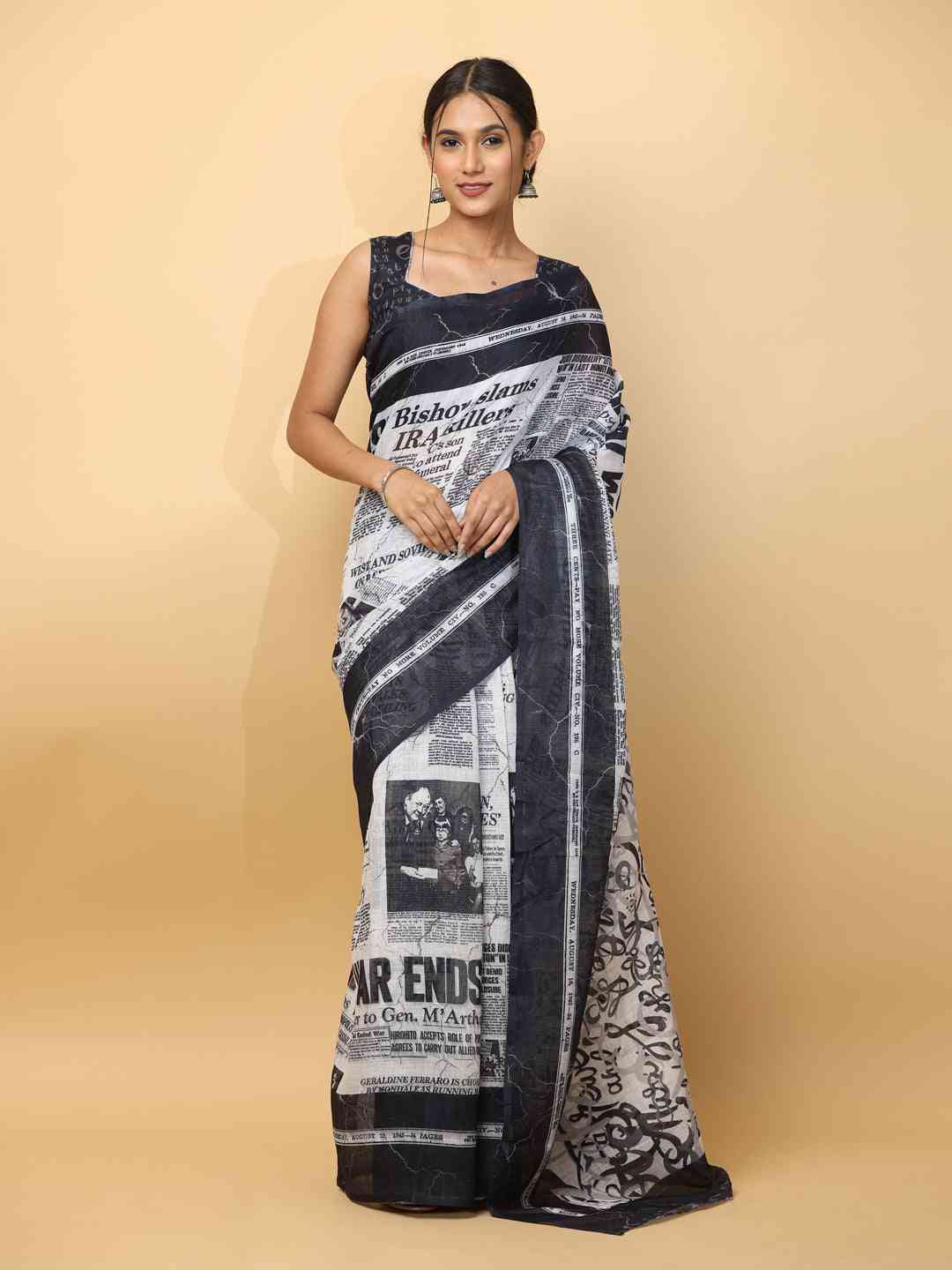Latest Soft Linen News Paper Digital Print Saree 