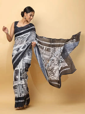 Latest Soft Linen News Paper Digital Print Saree 