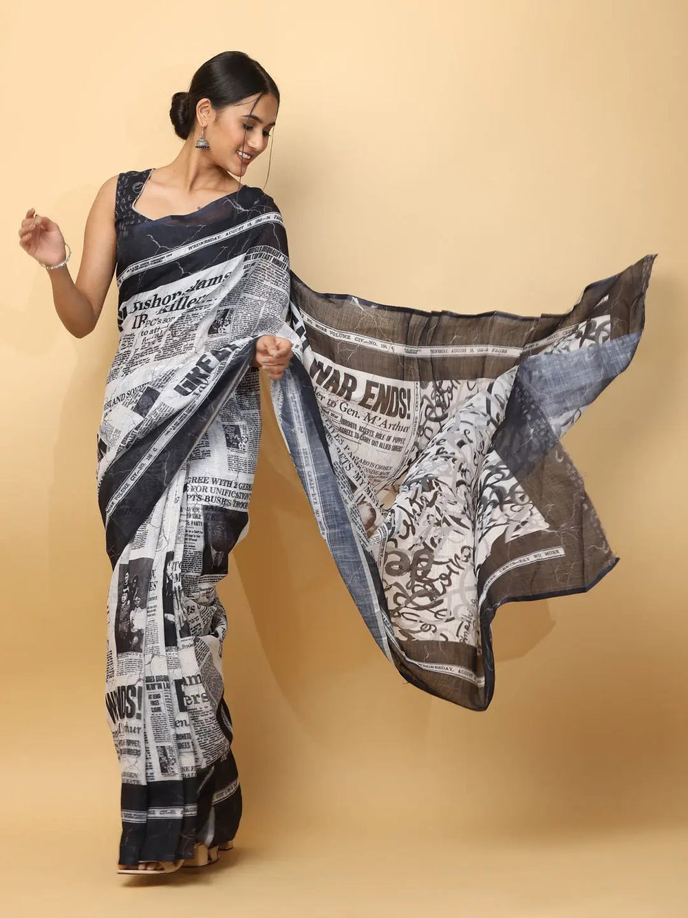 Latest Soft Linen News Paper Digital Print Saree 