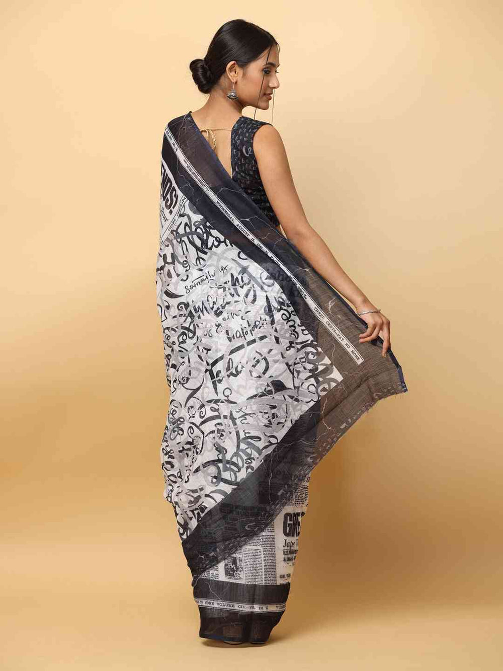Latest Soft Linen News Paper Digital Print Saree 