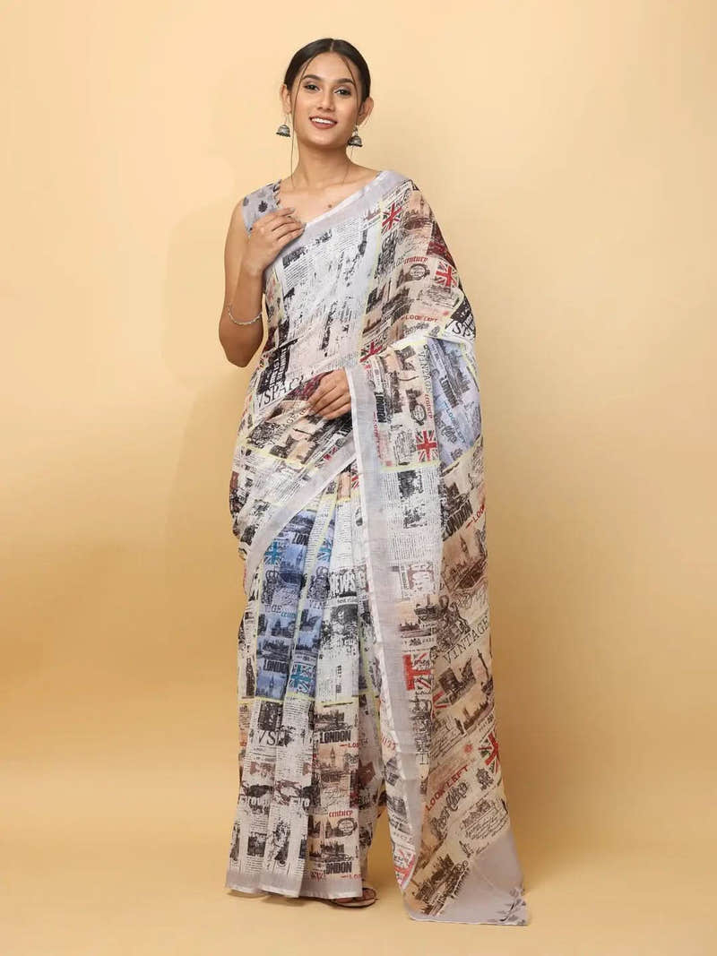News Paper Trendy Print Soft Linen Party Wear Saree