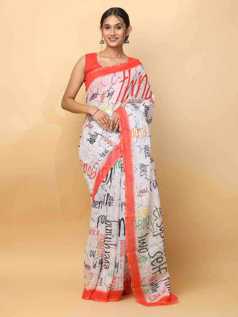 News Paper Trendy Print Soft Linen Party Wear Saree