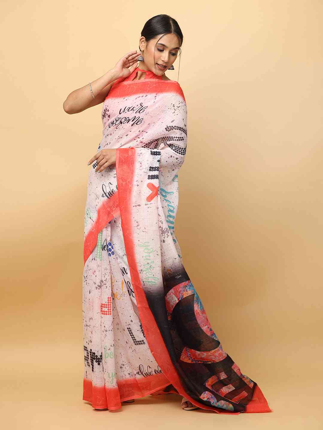 Latest Soft Linen News Paper Digital Print Saree 