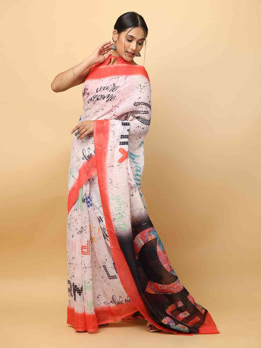 Latest Soft Linen News Paper Digital Print Saree 