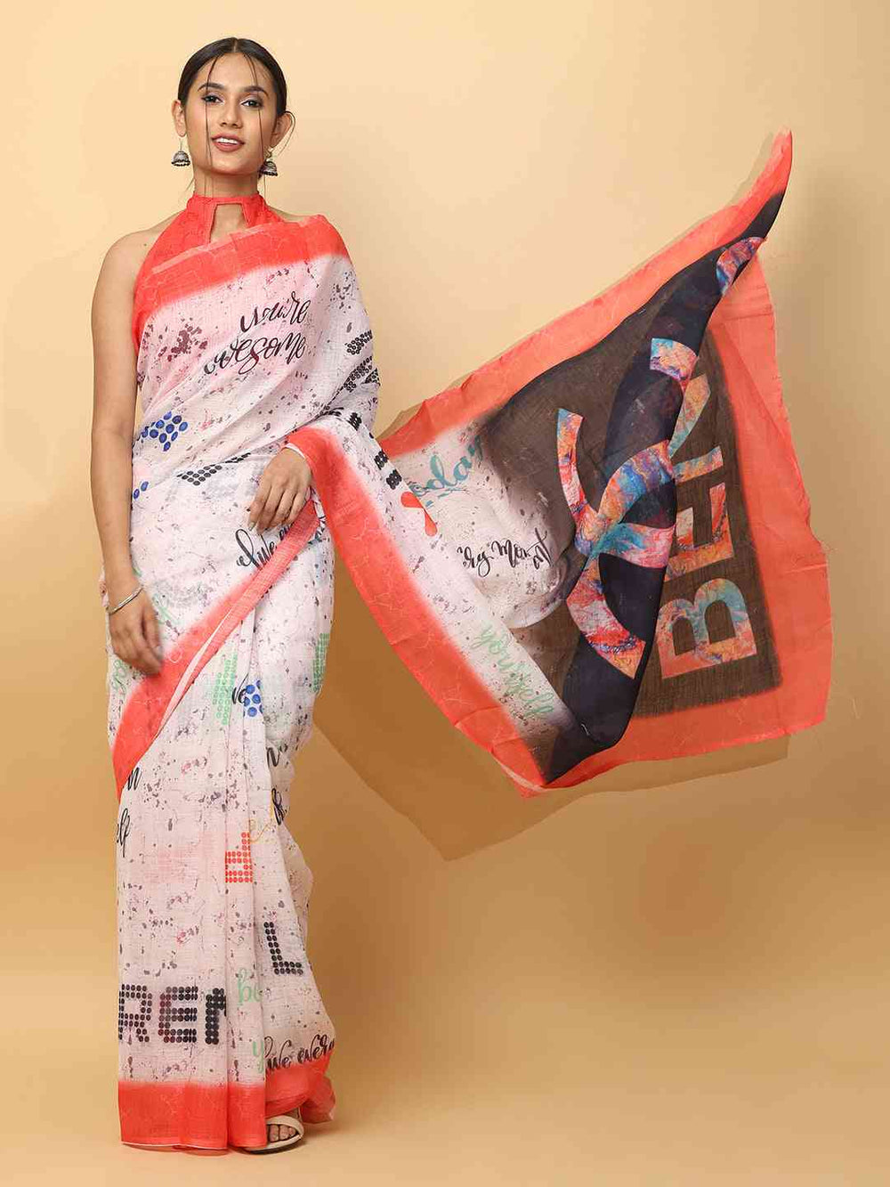 Latest Soft Linen News Paper Digital Print Saree 