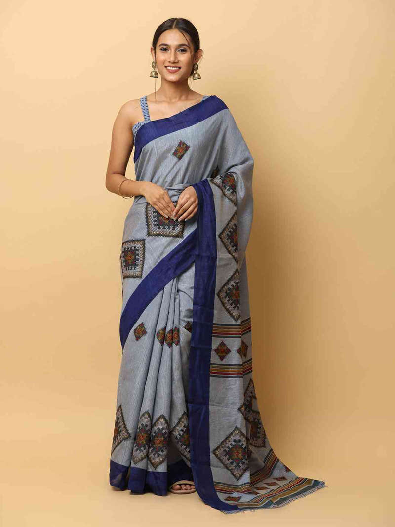 Designer Printed Grey Colour Soft Silk Party Wear Saree