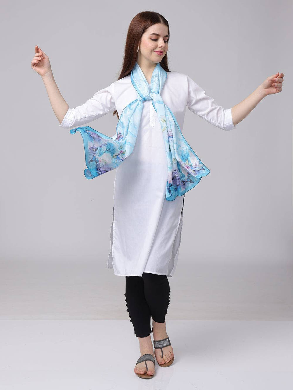 Ice Blue Floral Printed Long Scarf