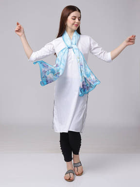 Ice Blue Floral Printed Long Scarf