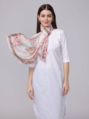Off White Floral Printed Long Scarf tied stylishly