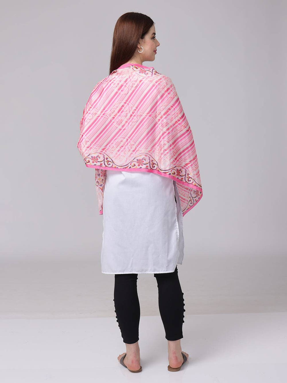 Back view of pink Radiant Blossom Stripe Scarf on model.