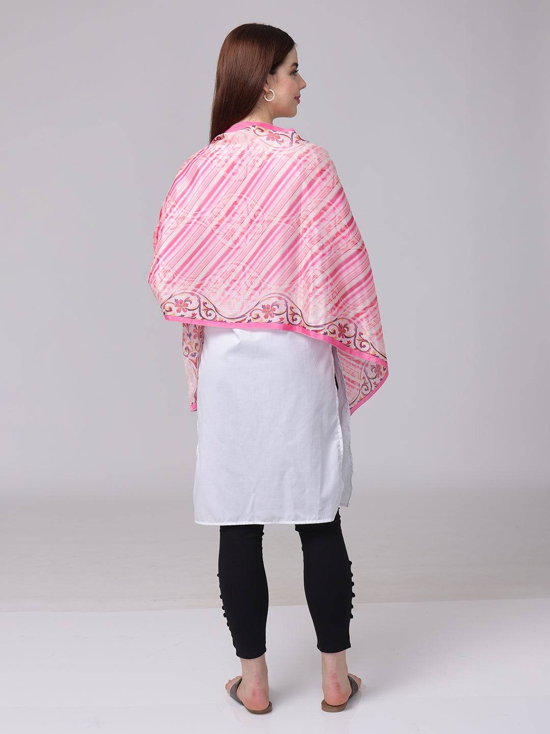 Back view of pink Radiant Blossom Stripe Scarf on model.