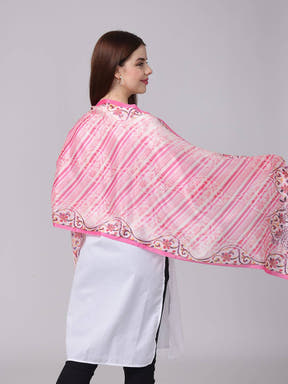 Side view of pink Radiant Blossom Stripe Scarf on model.